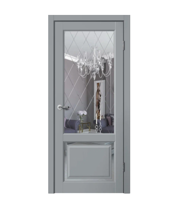 Межкомнатная дверь ESTETIC E03 Эмалит серый. Зеркало «Английская решетка». FlYDOORS