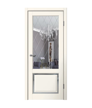 Межкомнатная дверь ESTETIC E03 Эмалит ваниль. Зеркало «Английская решетка». FlYDOORS