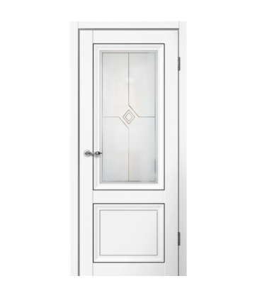 Межкомнатная дверь MONE М01 Эмалит белый. Стекло художественное «Ромб». Молдинг черный. FlYDOORS